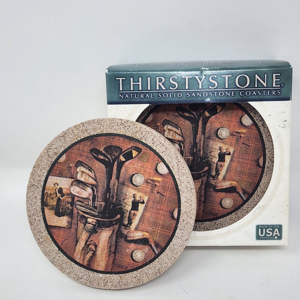 Thirstystone Natural Solid Sandstone Drink Coasters Golf Cork Backs Set of 4